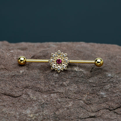 14G Clear Pink Gem Gold Tone Starry Flower Industrial Barbell 38mm