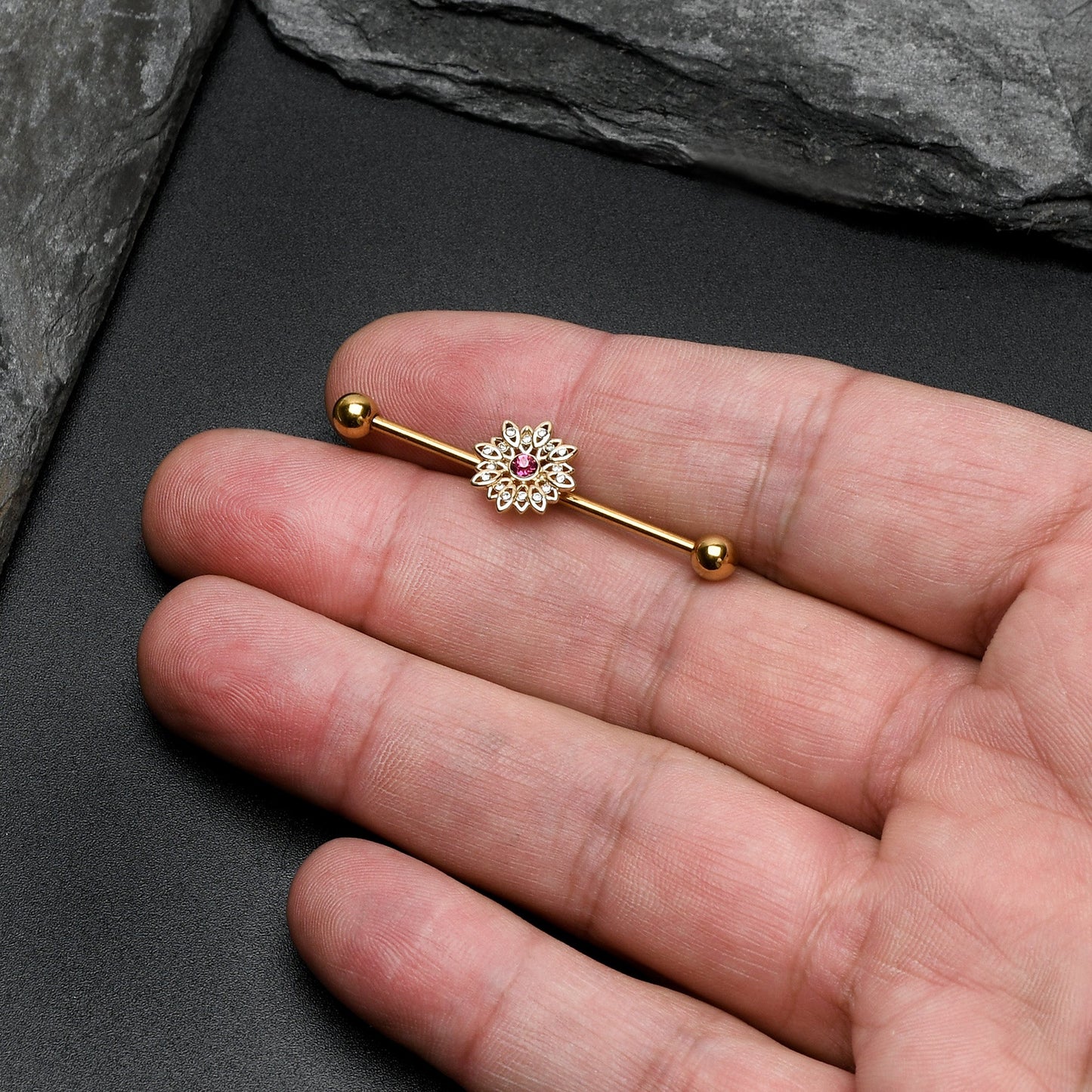 14G Clear Pink Gem Gold Tone Starry Flower Industrial Barbell 38mm