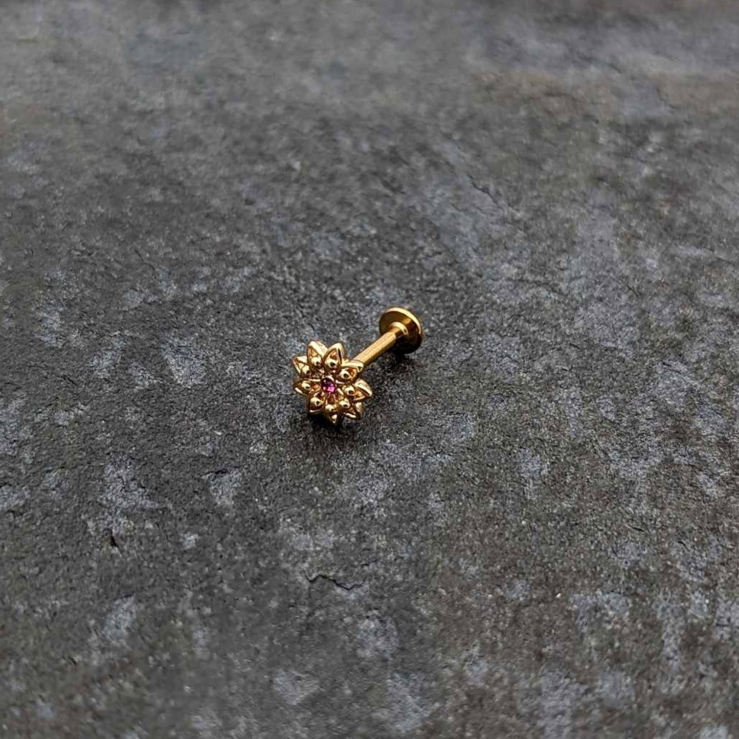 16G 5/16 Pink Gem Gold Tone Starry Flower Labret Monroe Tragus