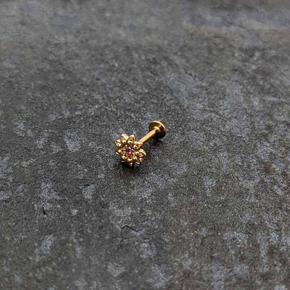 16G 5/16 Pink Gem Gold Tone Starry Flower Labret Monroe Tragus