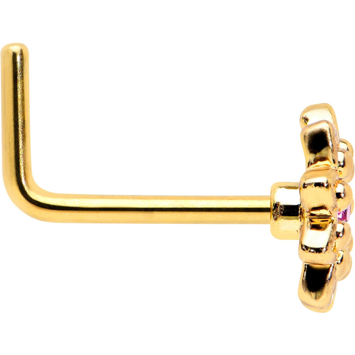 20G 7mm Pink Gem Gold Tone Starry Flower L Shape Nose Ring