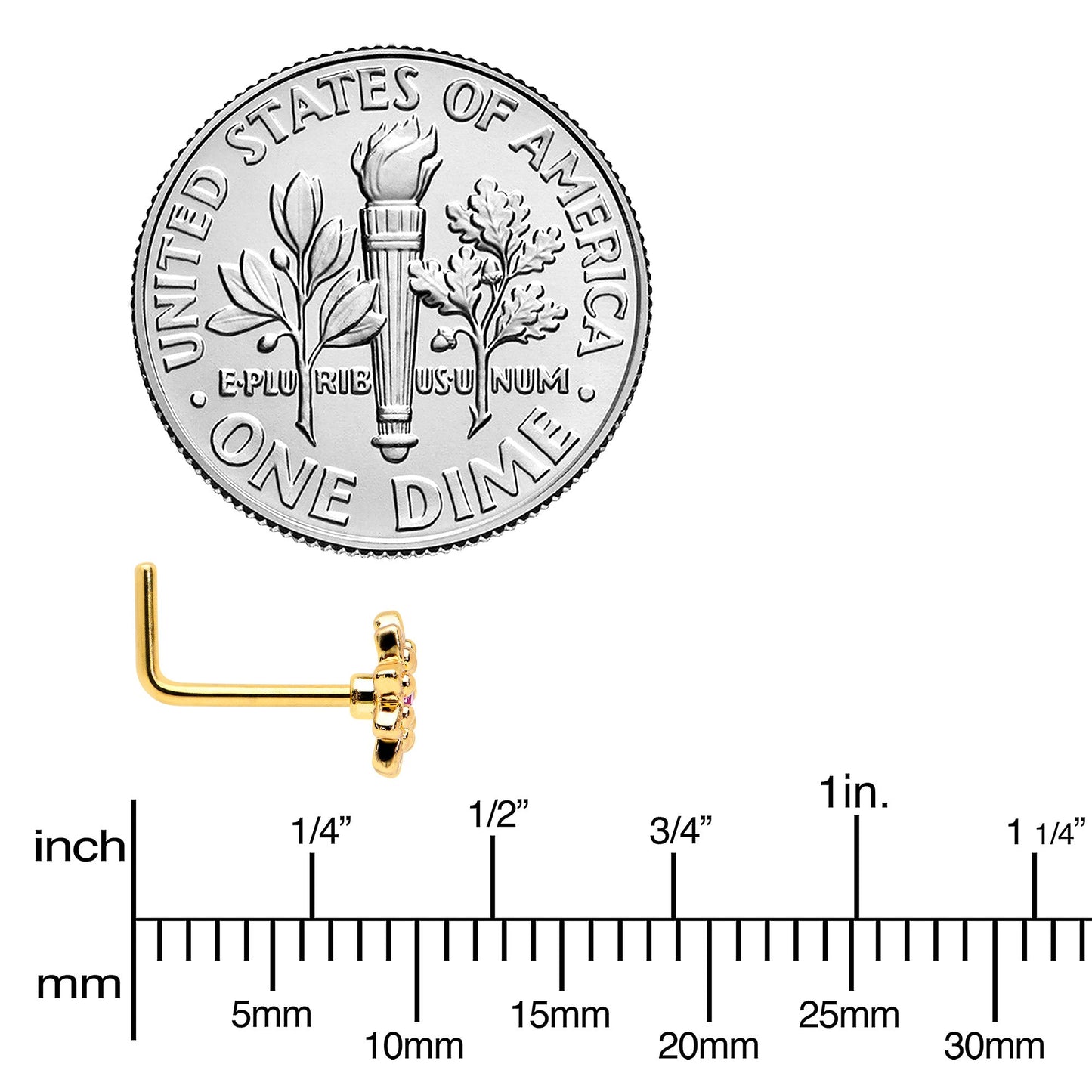 20G 7mm Pink Gem Gold Tone Starry Flower L Shape Nose Ring