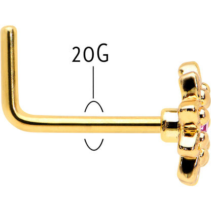 20G 7mm Pink Gem Gold Tone Starry Flower L Shape Nose Ring