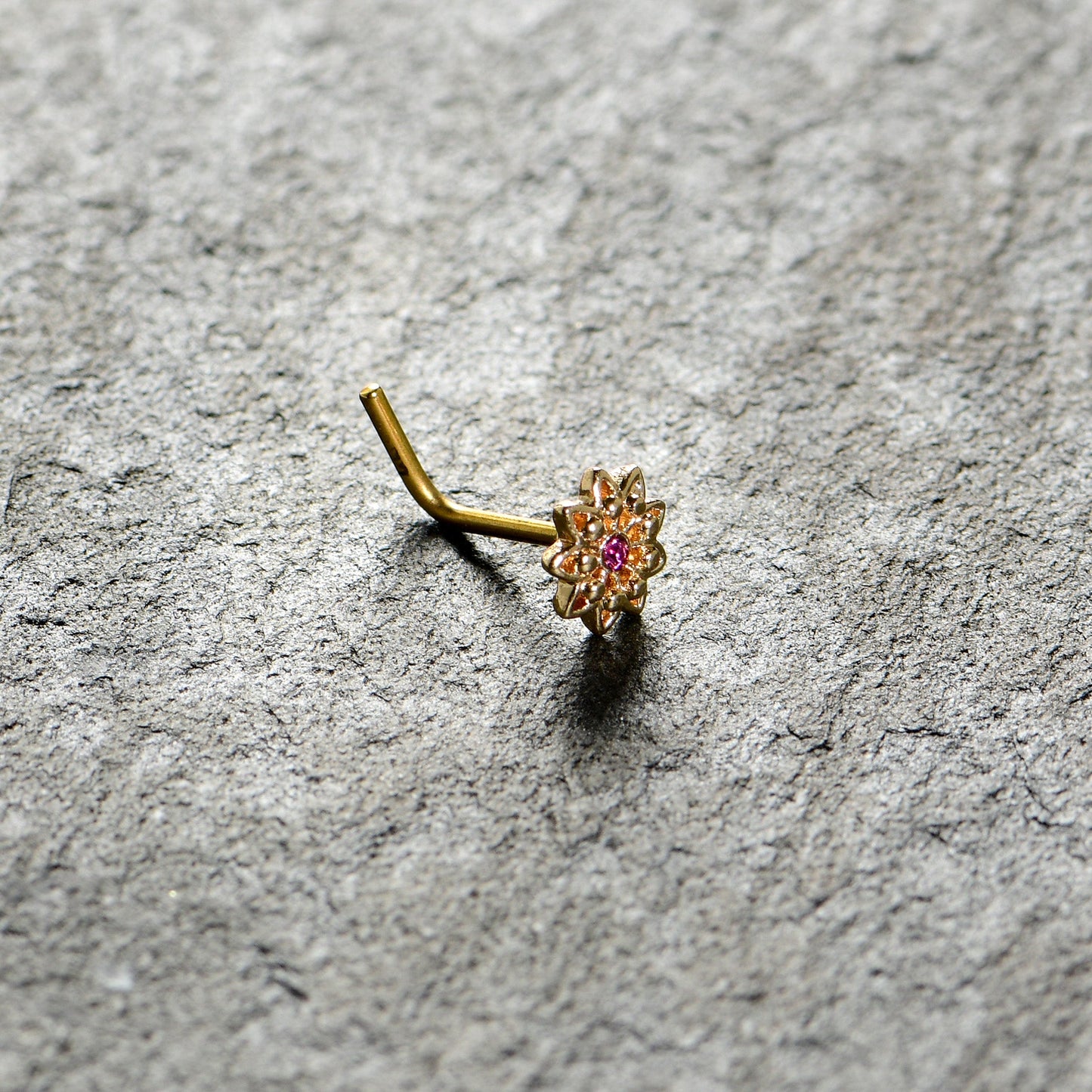 20G 7mm Pink Gem Gold Tone Starry Flower L Shape Nose Ring