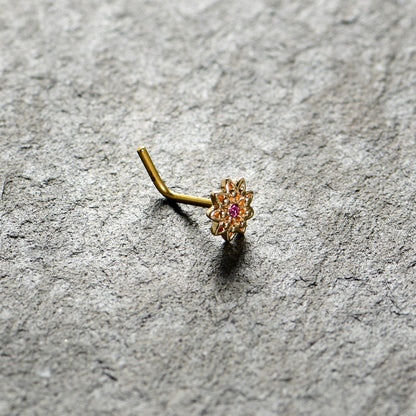 20G 7mm Pink Gem Gold Tone Starry Flower L Shape Nose Ring