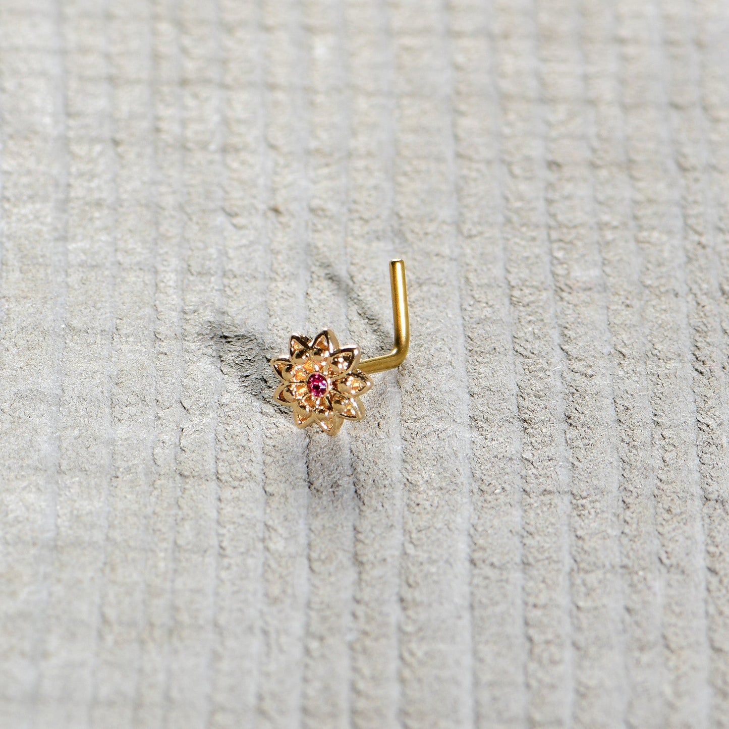 20G 7mm Pink Gem Gold Tone Starry Flower L Shape Nose Ring