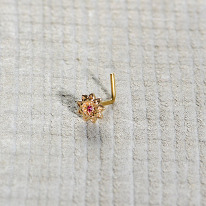 20G 7mm Pink Gem Gold Tone Starry Flower L Shape Nose Ring