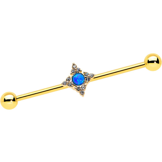 14G Blue Synthetic Opal Gold Tone Rhombus Industrial Barbell 38mm