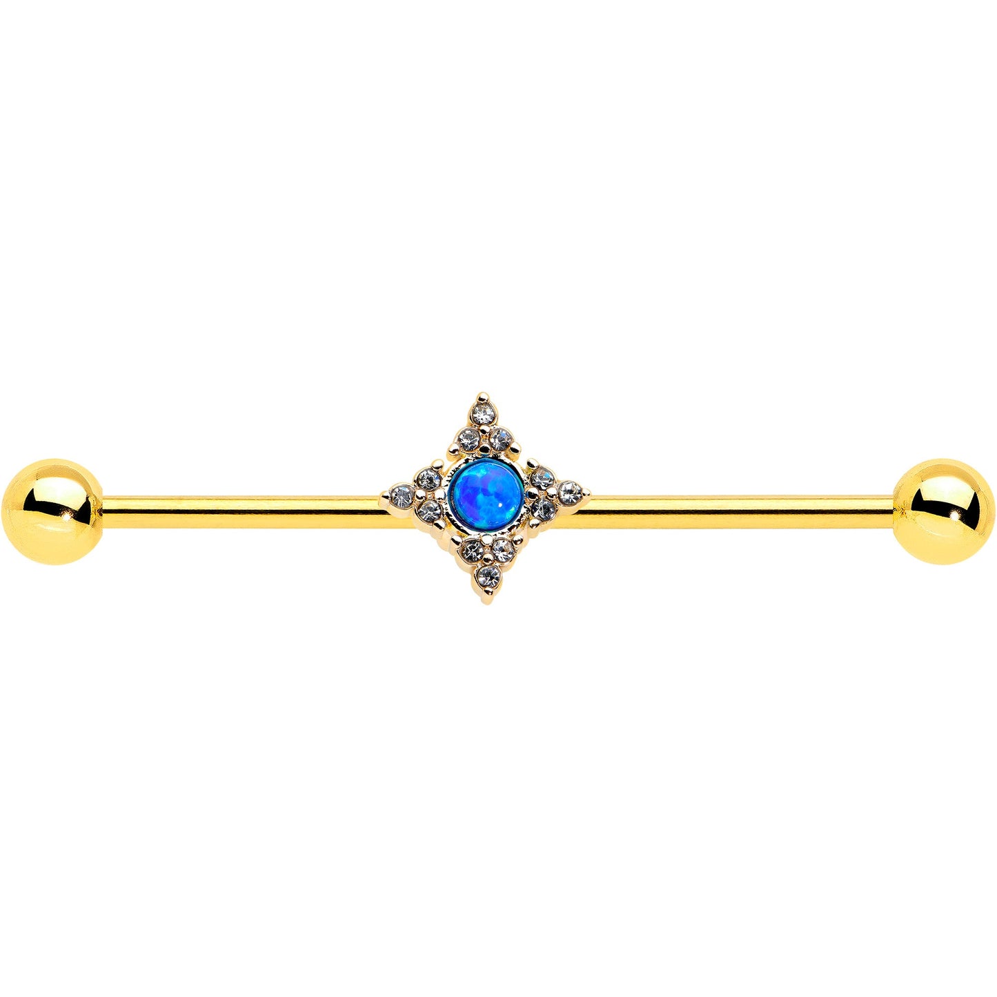 14G Blue Synthetic Opal Gold Tone Rhombus Industrial Barbell 38mm