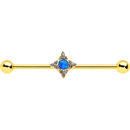 14G Blue Synthetic Opal Gold Tone Rhombus Industrial Barbell 38mm