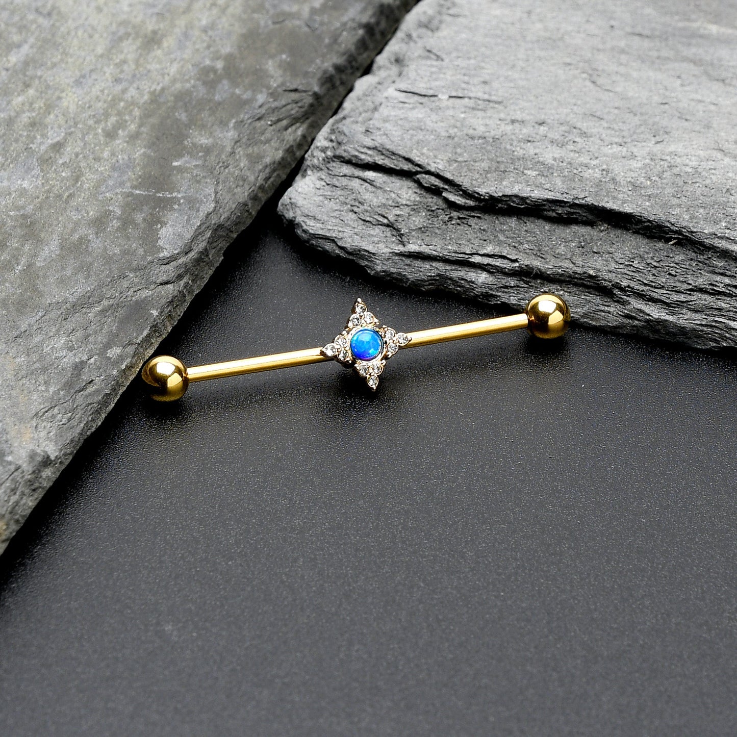 14G Blue Synthetic Opal Gold Tone Rhombus Industrial Barbell 38mm