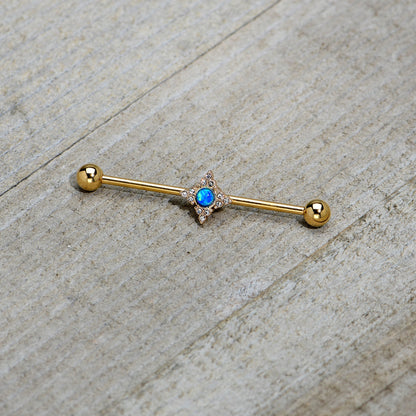 14G Blue Synthetic Opal Gold Tone Rhombus Industrial Barbell 38mm