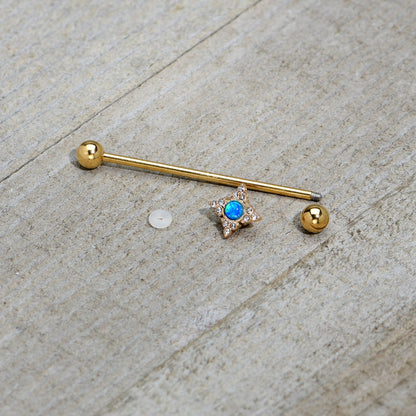 14G Blue Synthetic Opal Gold Tone Rhombus Industrial Barbell 38mm
