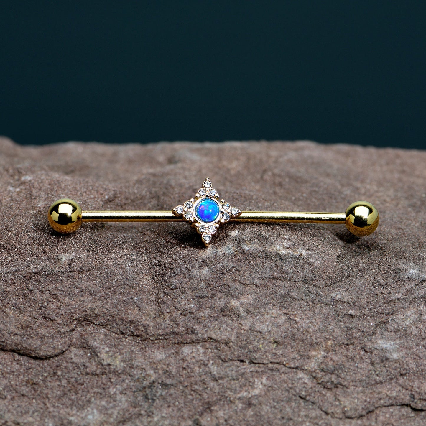 14G Blue Synthetic Opal Gold Tone Rhombus Industrial Barbell 38mm