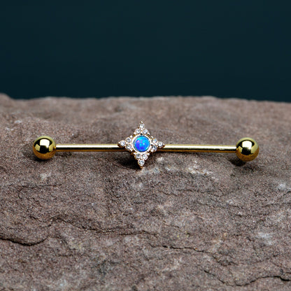 14G Blue Synthetic Opal Gold Tone Rhombus Industrial Barbell 38mm