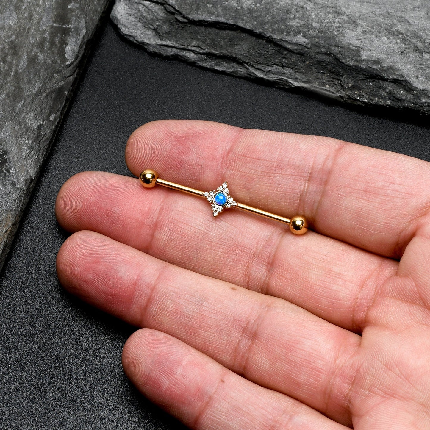 14G Blue Synthetic Opal Gold Tone Rhombus Industrial Barbell 38mm