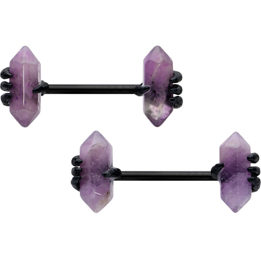 14G 9/16 Purple Amethyst Black Claw Obelisk Barbell Nipple Ring Set