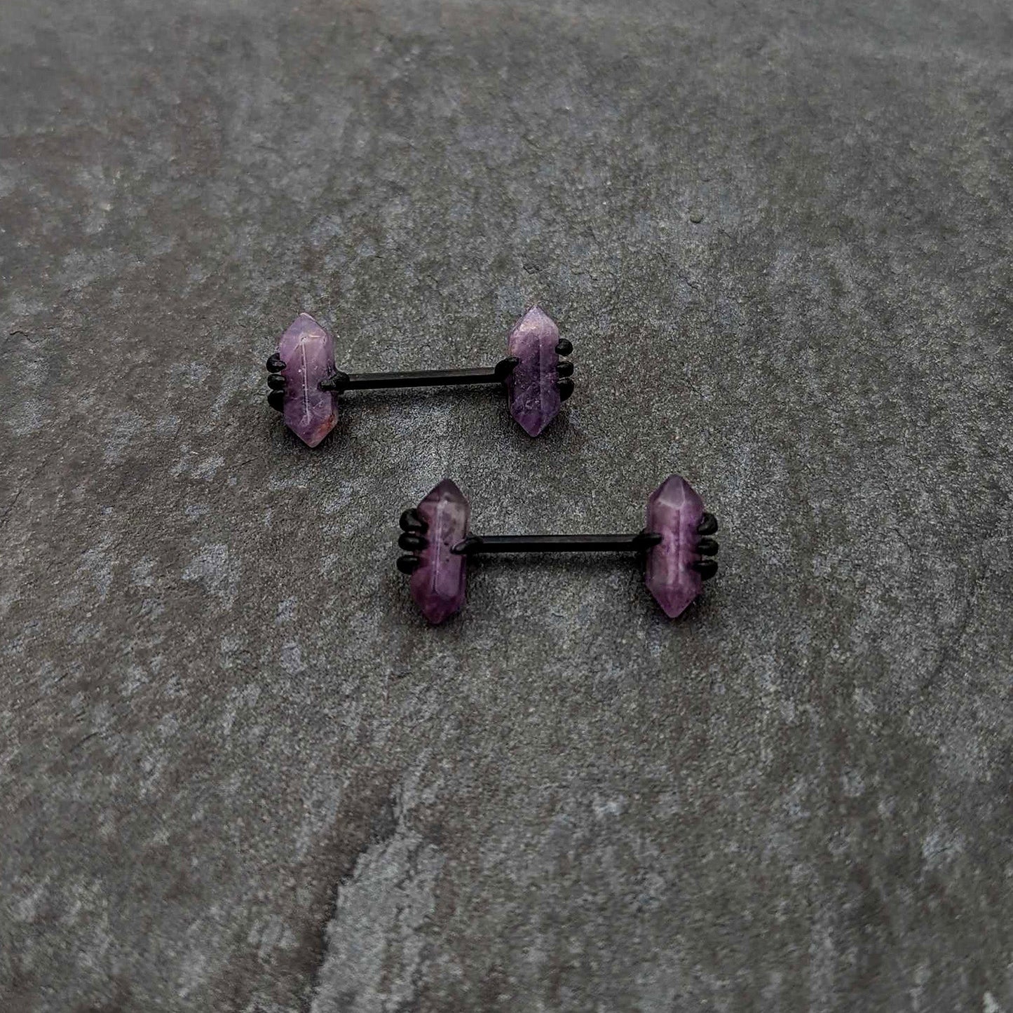 14G 9/16 Purple Amethyst Black Claw Obelisk Barbell Nipple Ring Set