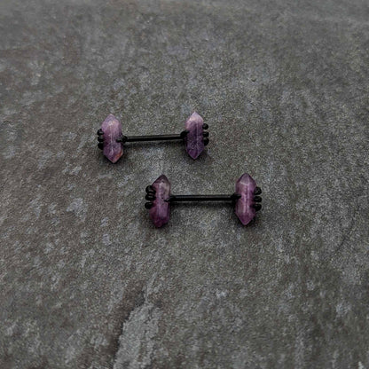 14G 9/16 Purple Amethyst Black Claw Obelisk Barbell Nipple Ring Set