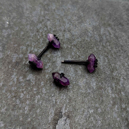 14G 9/16 Purple Amethyst Black Claw Obelisk Barbell Nipple Ring Set