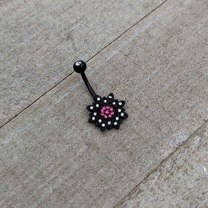 Clear Pink Gem Black Midnight Flower Blooming Belly Ring