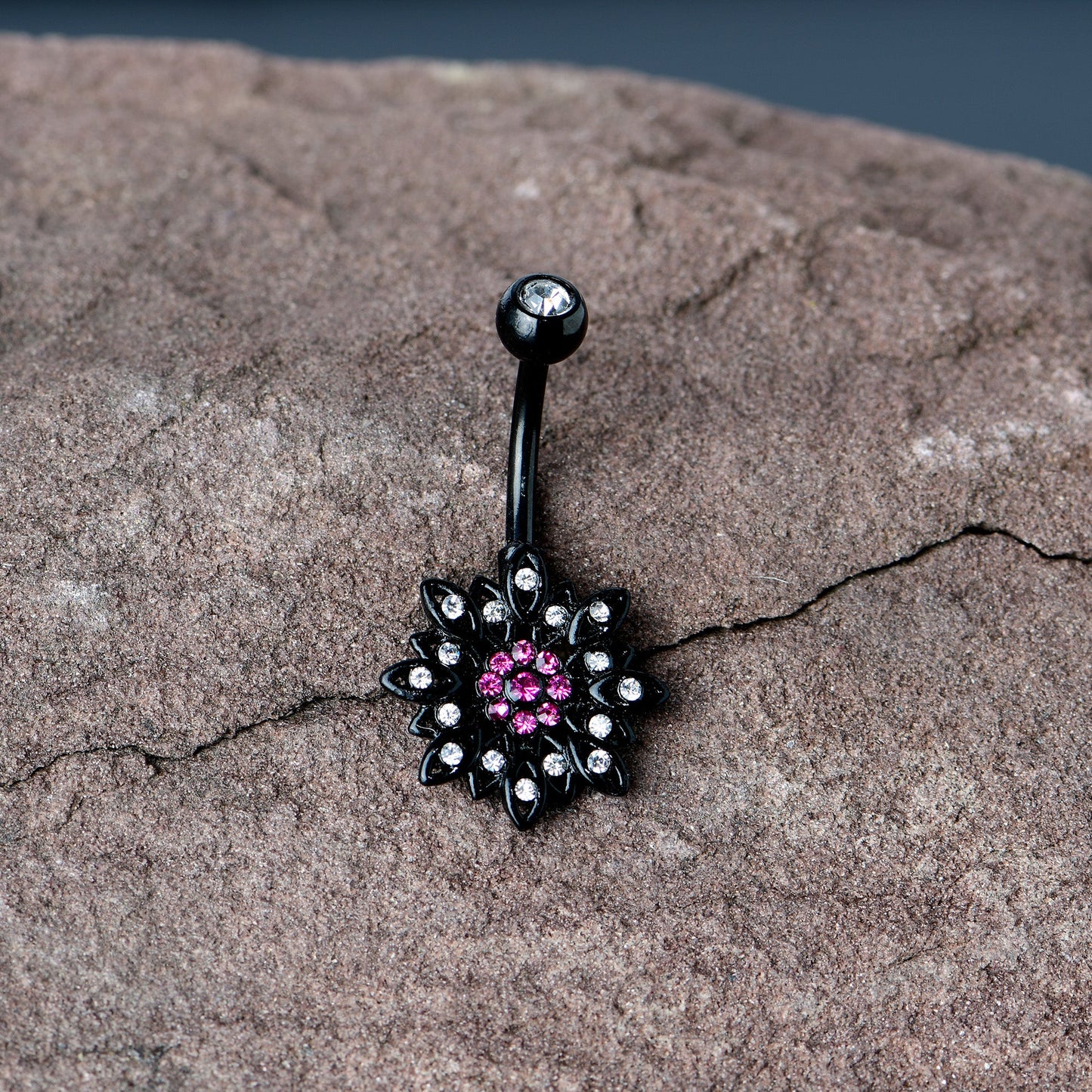 Clear Pink Gem Black Midnight Flower Blooming Belly Ring