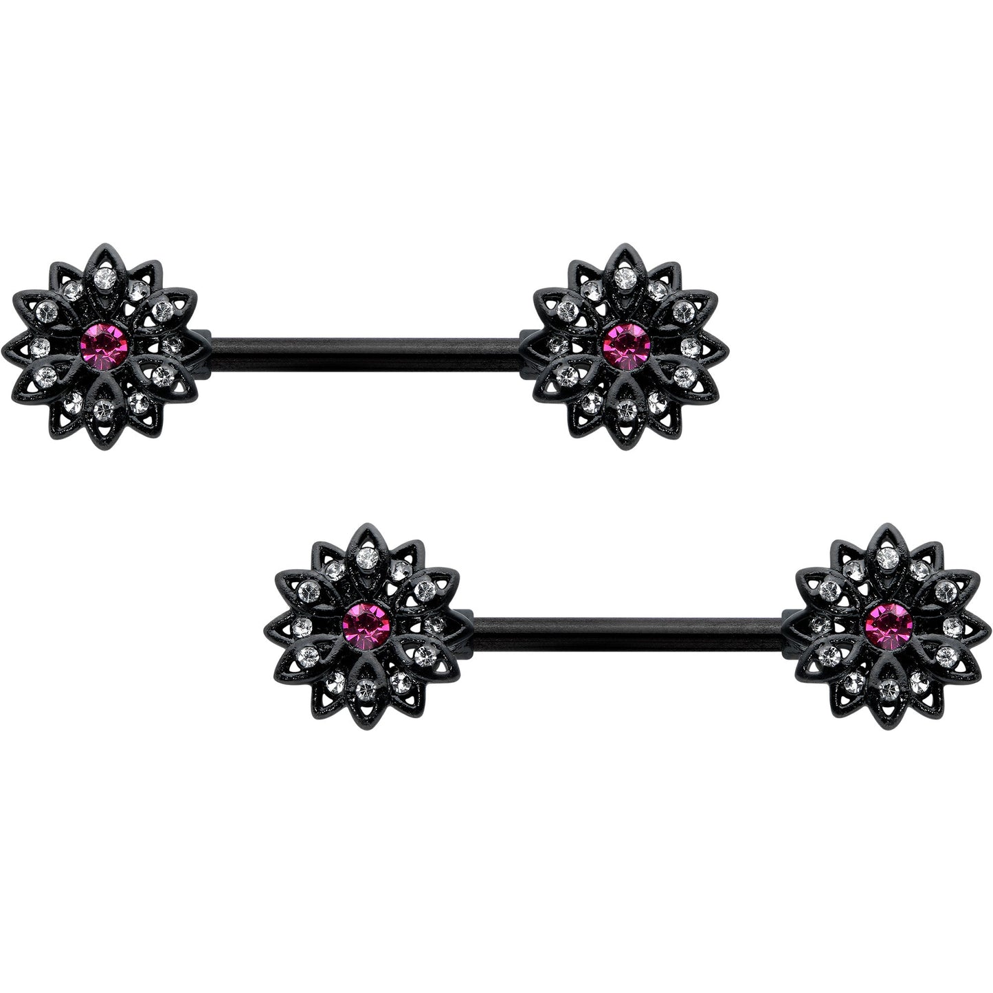14G 9/16 Clear Gem Black Midnight Flower Barbell Nipple Ring Set