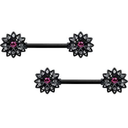 14G 9/16 Clear Gem Black Midnight Flower Barbell Nipple Ring Set