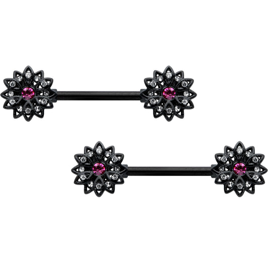14G 9/16 Clear Gem Black Midnight Flower Barbell Nipple Ring Set