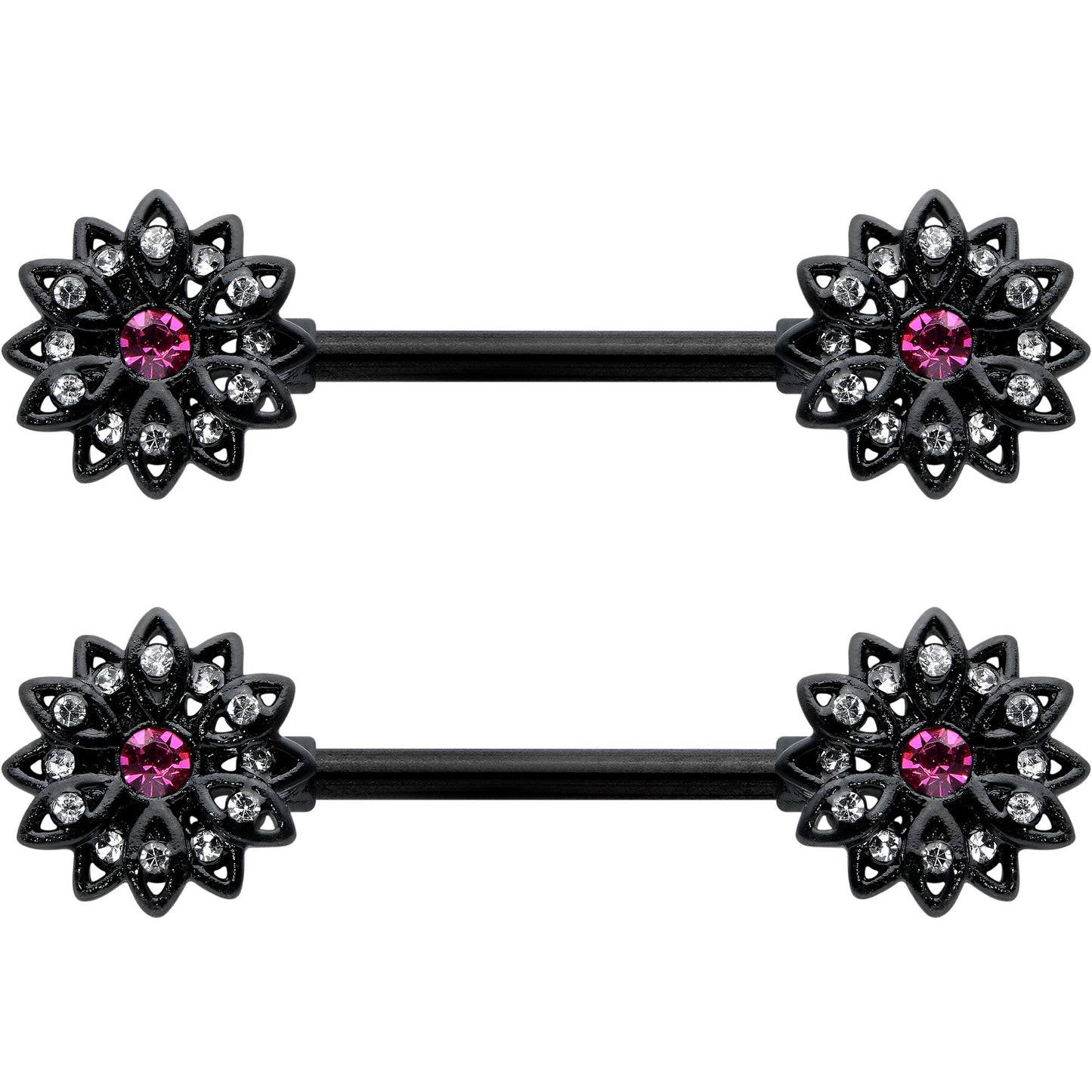 14G 9/16 Clear Gem Black Midnight Flower Barbell Nipple Ring Set