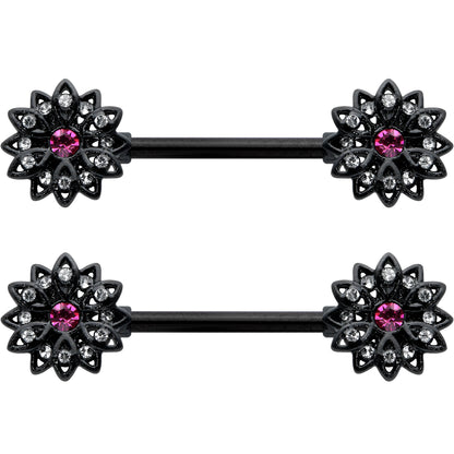 14G 9/16 Clear Gem Black Midnight Flower Barbell Nipple Ring Set