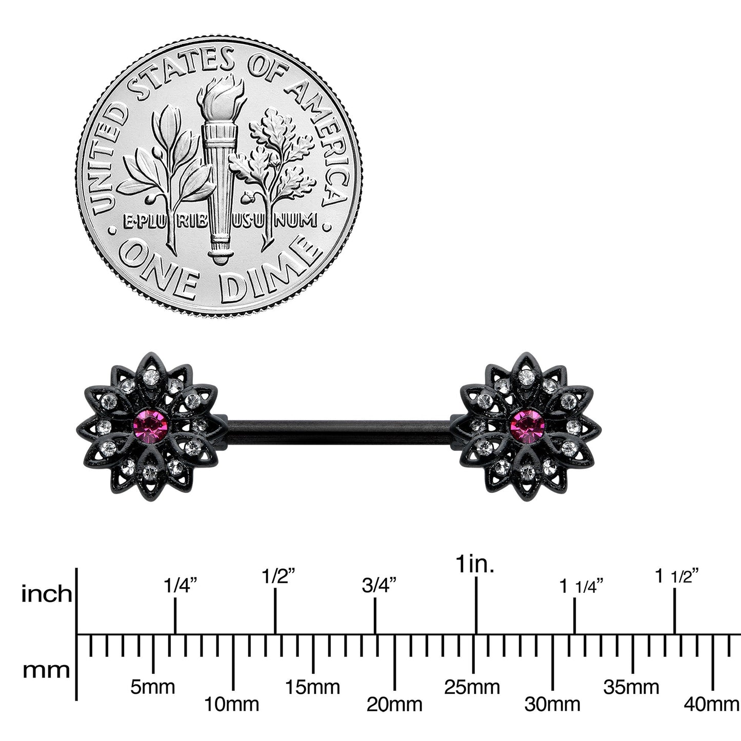 14G 9/16 Clear Gem Black Midnight Flower Barbell Nipple Ring Set