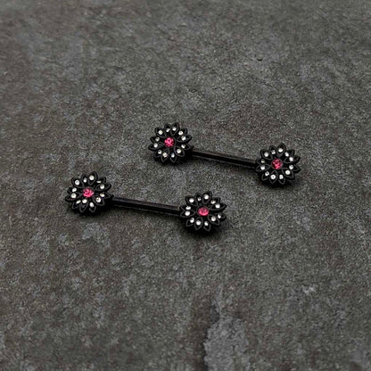 14G 9/16 Clear Gem Black Midnight Flower Barbell Nipple Ring Set