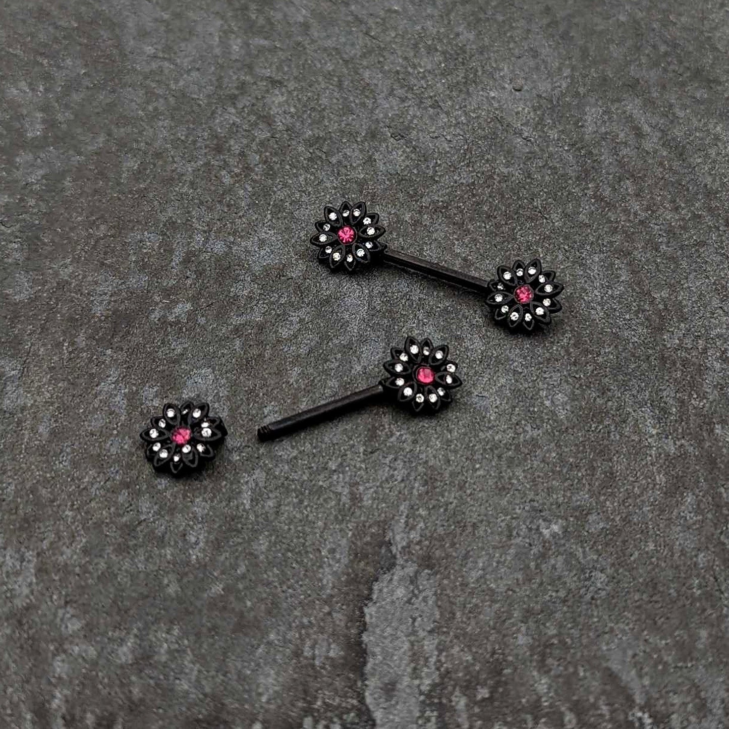 14G 9/16 Clear Gem Black Midnight Flower Barbell Nipple Ring Set