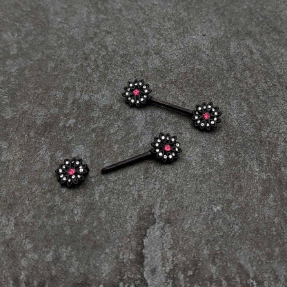 14G 9/16 Clear Gem Black Midnight Flower Barbell Nipple Ring Set