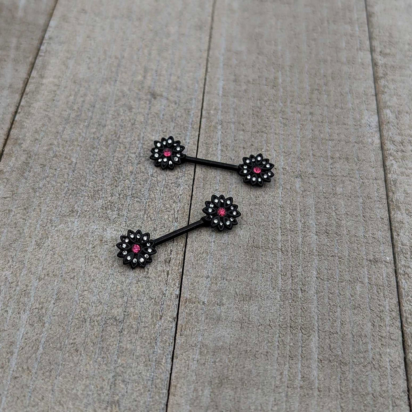 14G 9/16 Clear Gem Black Midnight Flower Barbell Nipple Ring Set