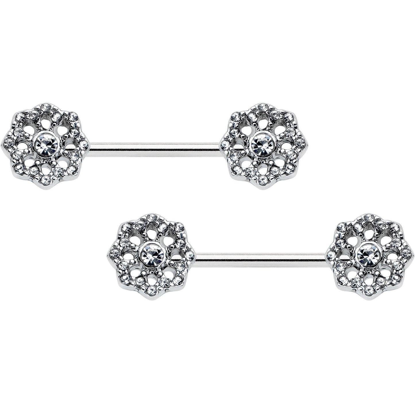 14G 9/16 Clear Gem Epic Fabulous Flower Barbell Nipple Ring Set