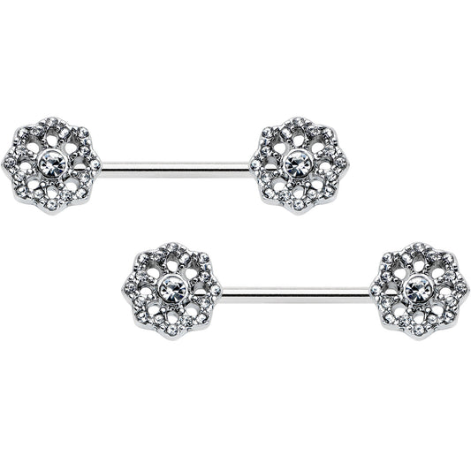 14G 9/16 Clear Gem Epic Fabulous Flower Barbell Nipple Ring Set
