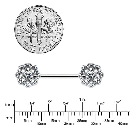 14G 9/16 Clear Gem Epic Fabulous Flower Barbell Nipple Ring Set