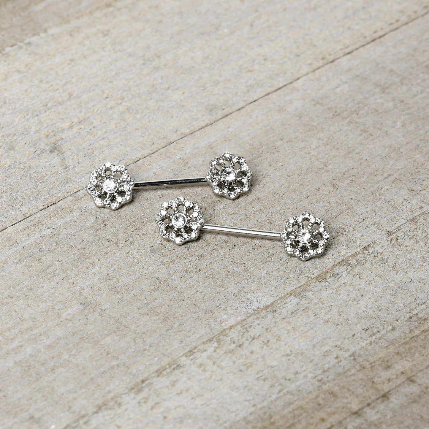14G 9/16 Clear Gem Epic Fabulous Flower Barbell Nipple Ring Set