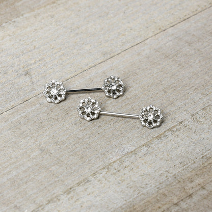 14G 9/16 Clear Gem Epic Fabulous Flower Barbell Nipple Ring Set