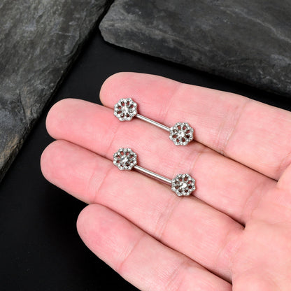 14G 9/16 Clear Gem Epic Fabulous Flower Barbell Nipple Ring Set