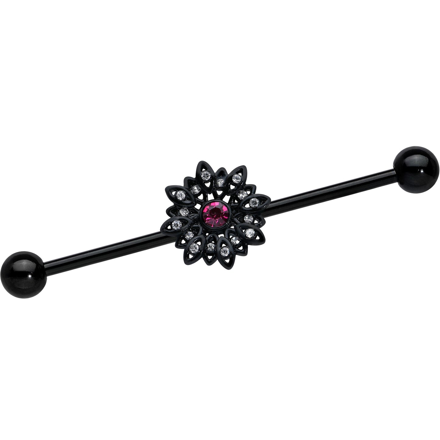 14G Clear Pink Gem Black Midnight Flower Industrial Barbell 38mm