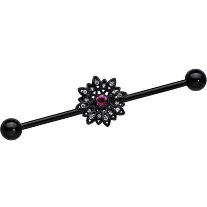 14G Clear Pink Gem Black Midnight Flower Industrial Barbell 38mm