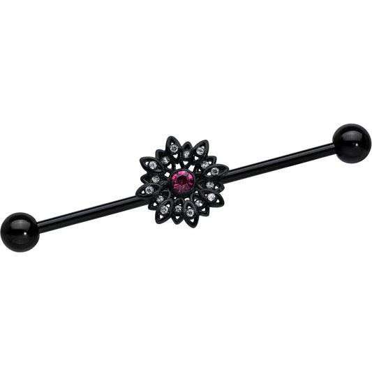 14G Clear Pink Gem Black Midnight Flower Industrial Barbell 38mm