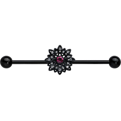 14G Clear Pink Gem Black Midnight Flower Industrial Barbell 38mm