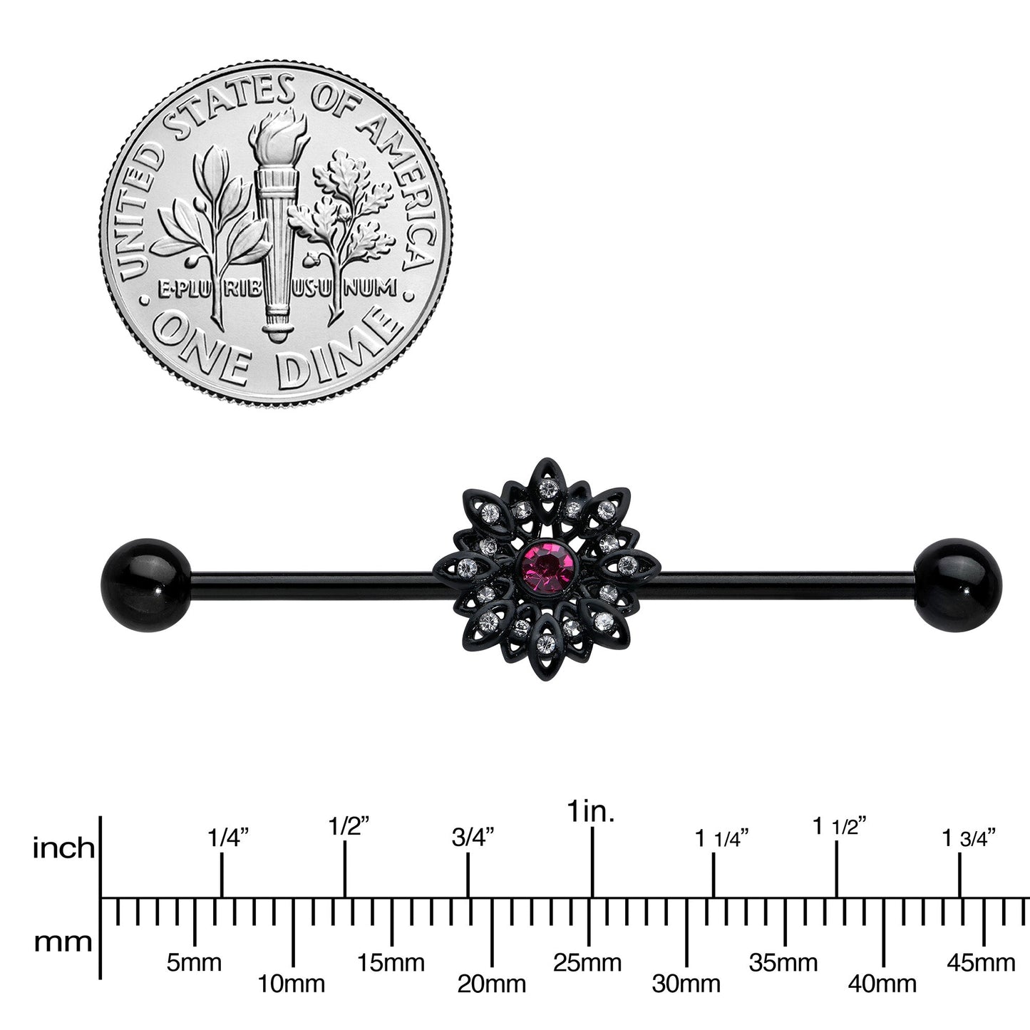 14G Clear Pink Gem Black Midnight Flower Industrial Barbell 38mm