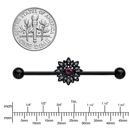14G Clear Pink Gem Black Midnight Flower Industrial Barbell 38mm