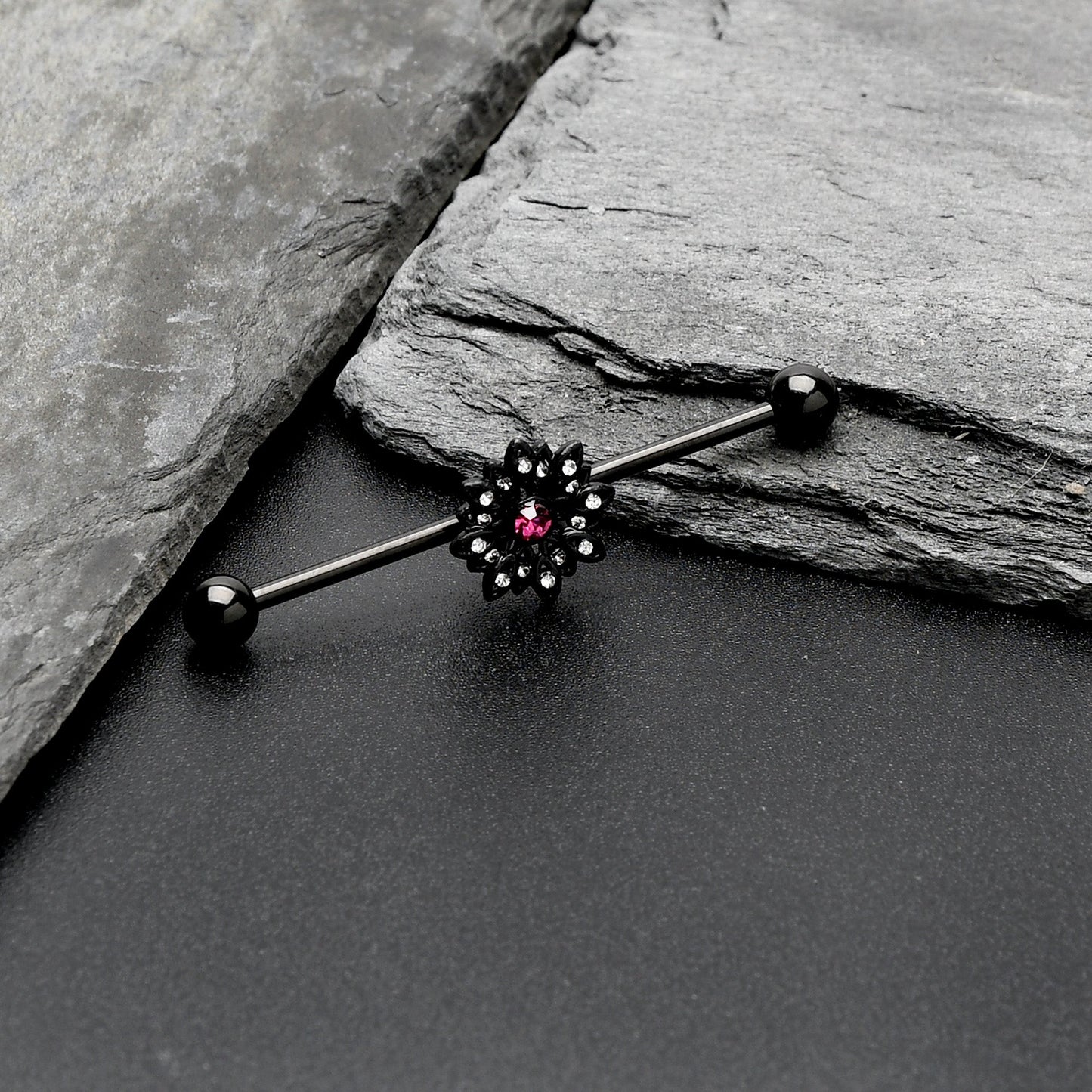 14G Clear Pink Gem Black Midnight Flower Industrial Barbell 38mm