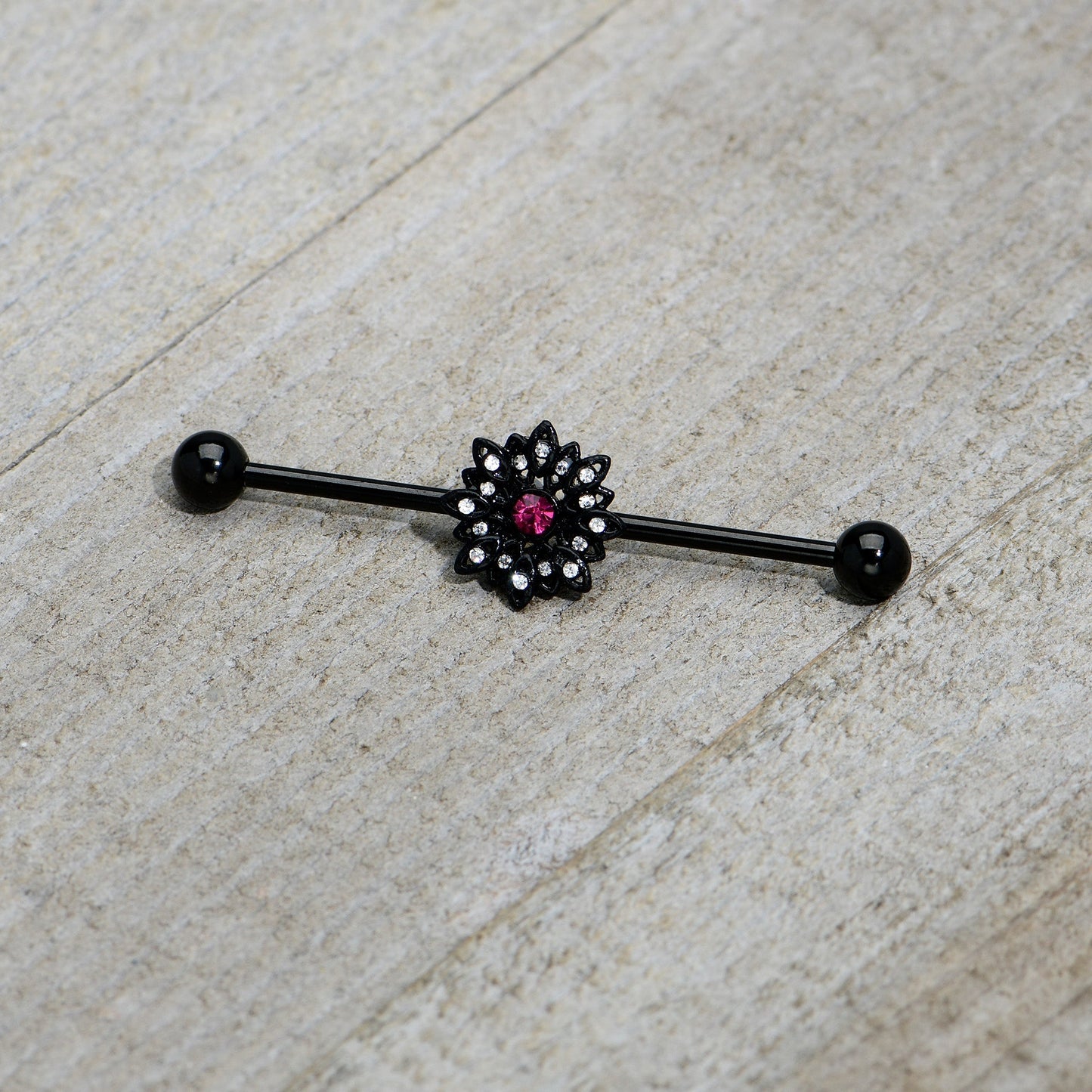 14G Clear Pink Gem Black Midnight Flower Industrial Barbell 38mm
